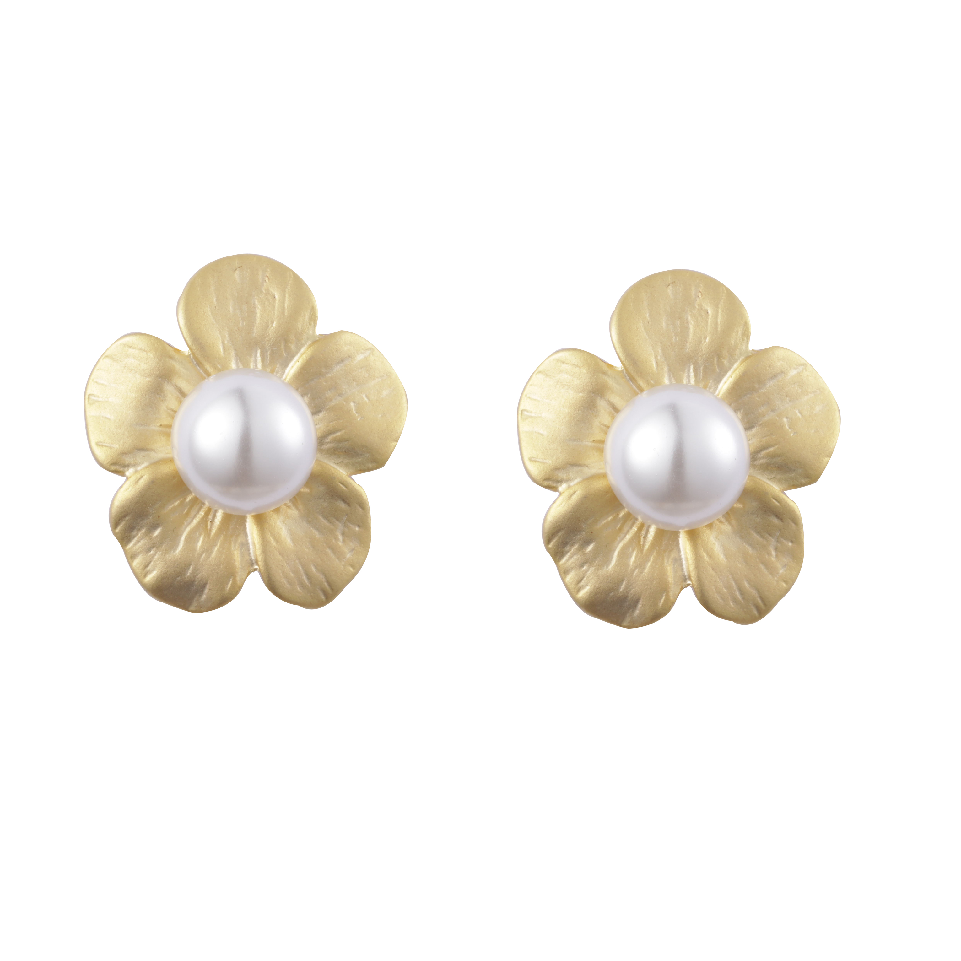 Supply High Quality Flower Pattern Pearl Decorated Fashion Earrings 14k Gold Plated Matte Effect